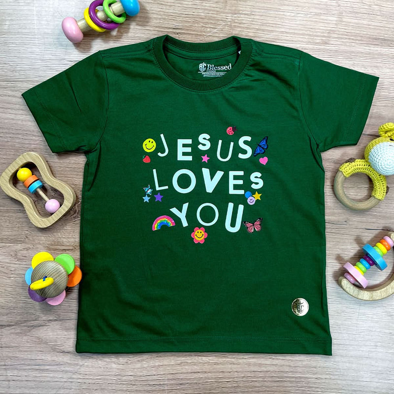T-Shirt Infantil Verde Jesus Loves You