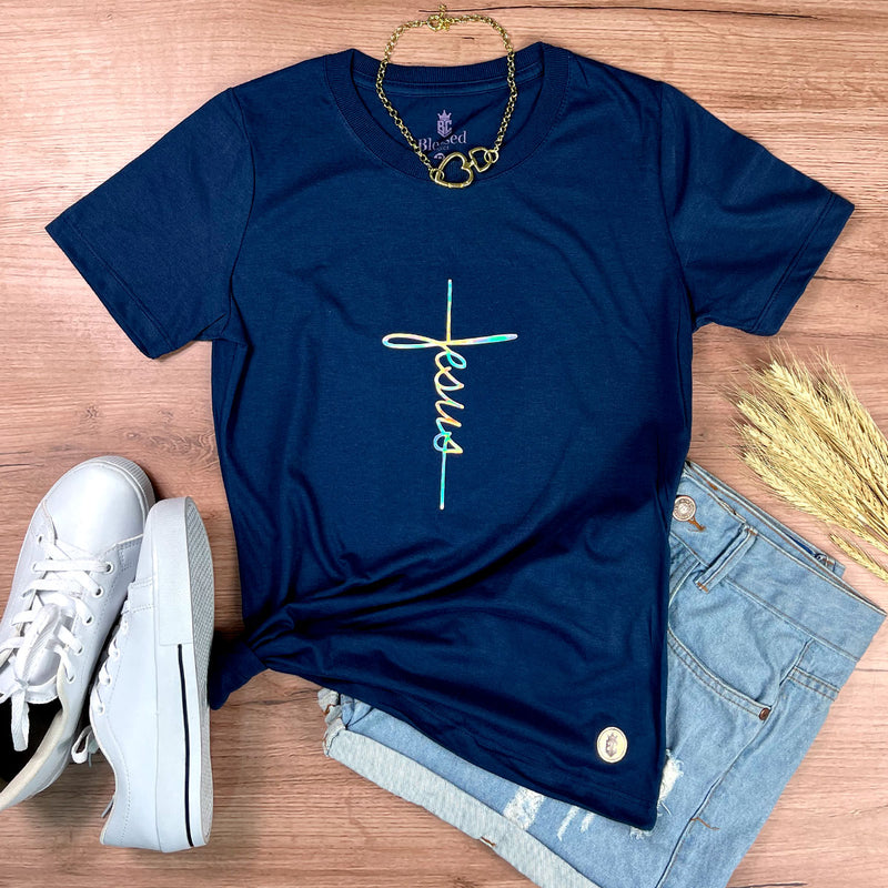 Camiseta Feminina Azul Aplique Cruz Jesus