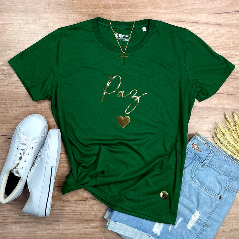 Camiseta Feminina Verde Paz Coração Dourado