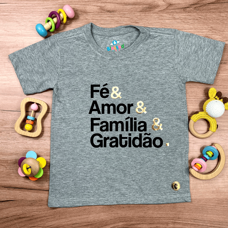 T-Shirt Infantil Cinza Fé & Amor Dourado