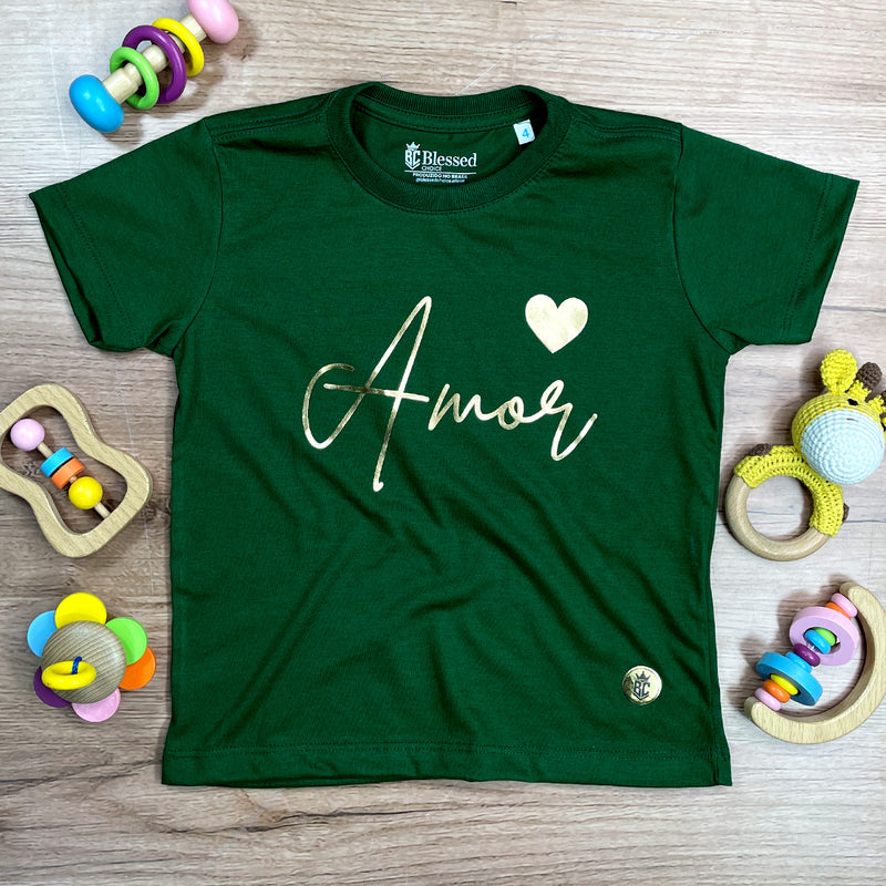 T-Shirt Infantil Verde Amor Coração Dourado