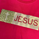 Camiseta Feminina Pink Aplique Jesus Glitter Dourado