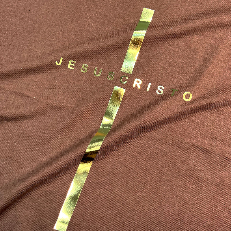 Camiseta Feminina Marrom Cruz Dourada Jesus Cristo