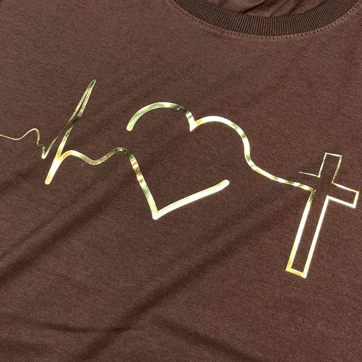 Camiseta Feminina Marrom Batimento Coração Dourado
