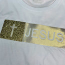 Camiseta Feminina Off White Aplique Jesus Glitter Dourado