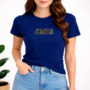 Camiseta Feminina Azul Jesus Aplique Camaleão
