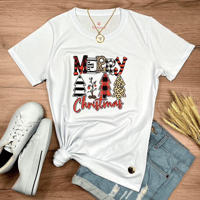 Camiseta Feminina Branca Merry Christmas Árvore