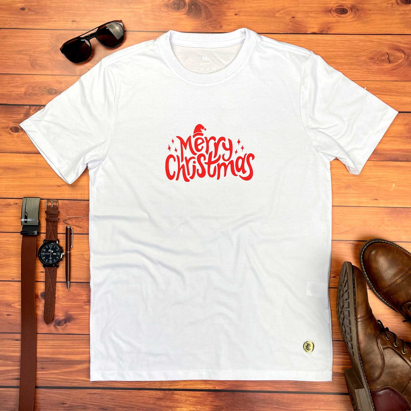 Camiseta Masculina Branca Merry Christmas Chapéu