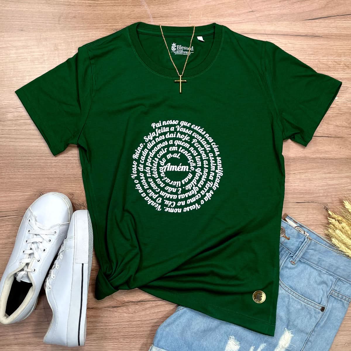 Camiseta Feminina Verde Oração Pai Nosso