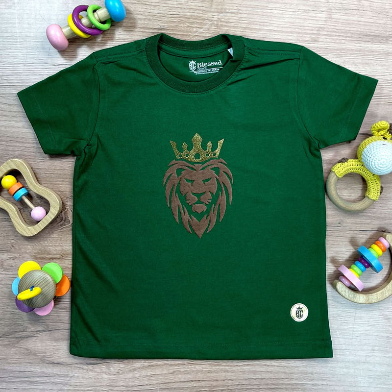 T-Shirt Infantil Verde Coroa Leão Veludo
