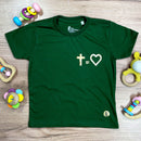 T-Shirt Infantil Verde Cruz Igual Coração Dourado