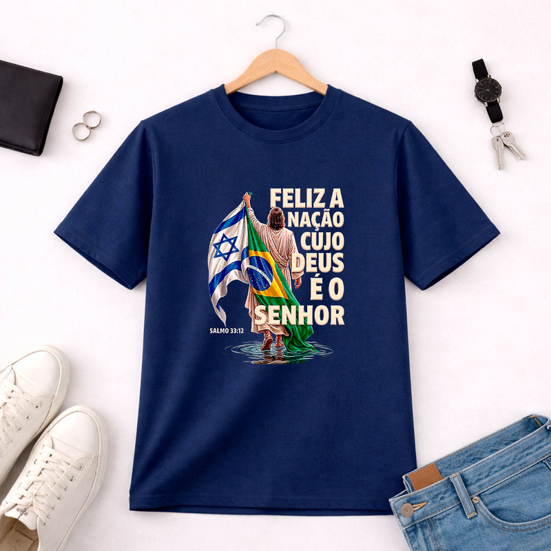 Camiseta Masculina Azul Brasil Feliz é a Nação