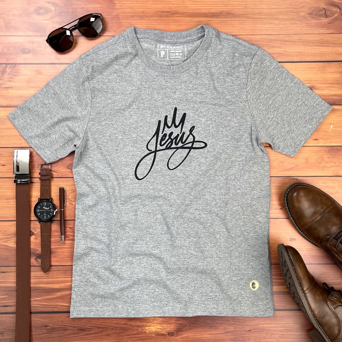 Camiseta Masculina Cinza Jesus Coroa