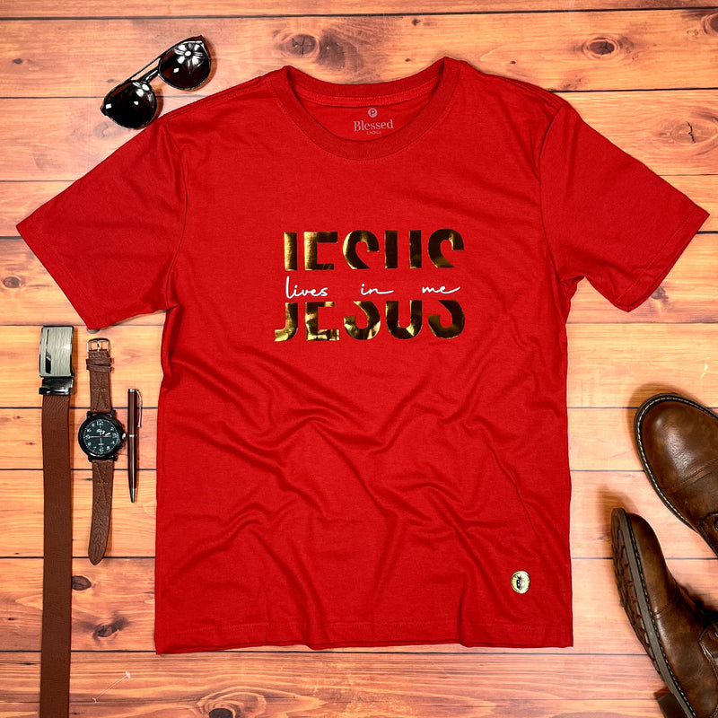 Camiseta Masculina Vermelha Jesus Lives In Me