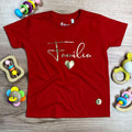 T-Shirt Infantil Vermelha Família Coração  Dourado