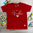 T-Shirt Infantil Vermelha Família Coração  Dourado