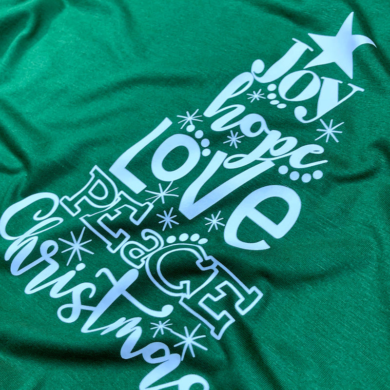 Camiseta Masculina Verde Árvore Joy Hope Love Peace Christmas