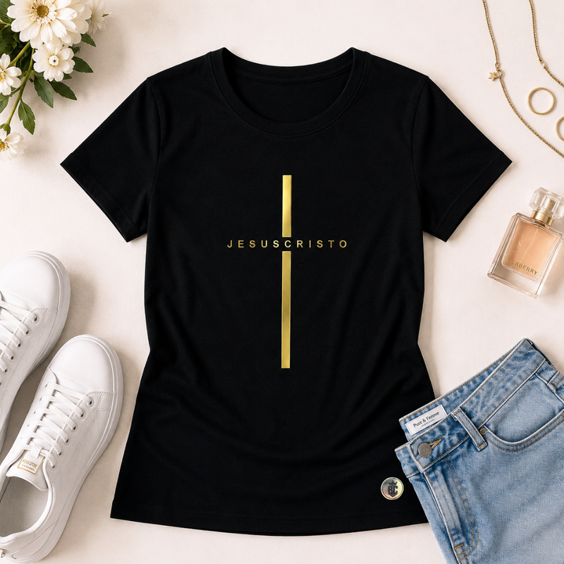 Camiseta Feminina Preta Cruz Dourada Jesus Cristo