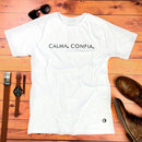 Camiseta Masculina Branca Calma, Confia.