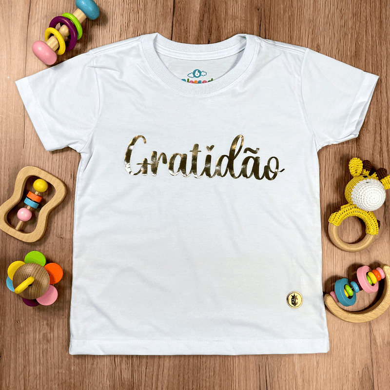 T-Shirt Infantil Branca Gratidão Dourado