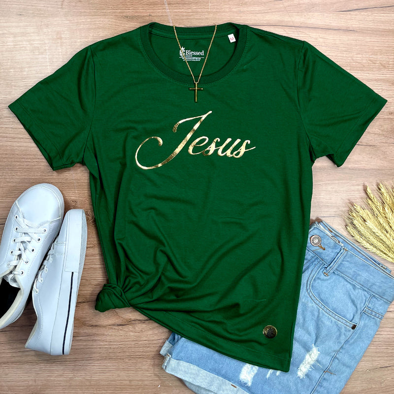 Camiseta Feminina Verde Jesus Dourado