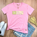 Camiseta Feminina Rosa Aplique Jesus Glitter Dourado