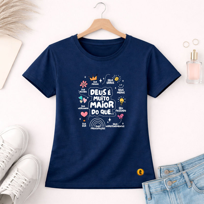 Camiseta Feminina  Azul Deus é Muito Maior 