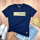 Camiseta Feminina Azul Aplique Jesus Glitter Dourado