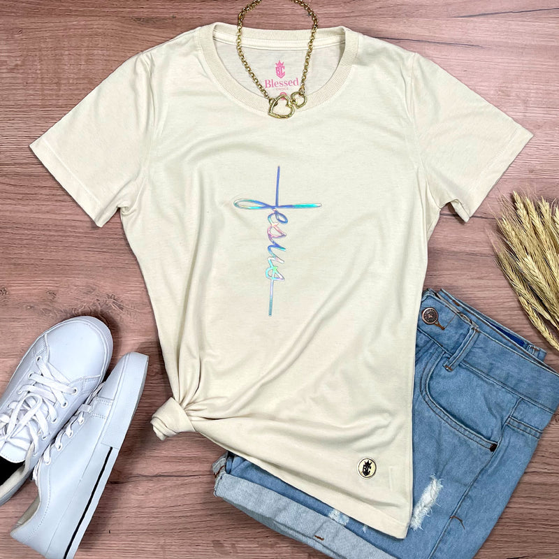 Camiseta Feminina Off White Aplique Cruz Jesus