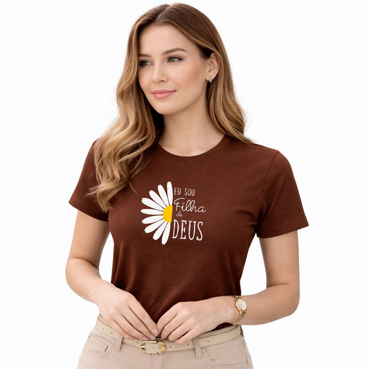 Camiseta Feminina Marrom Flor Eu Sou Filha De Deus
