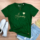 Camiseta Feminina Verde Amor Coração Dourado