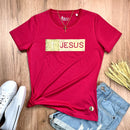Camiseta Feminina Pink Aplique Jesus Glitter Dourado