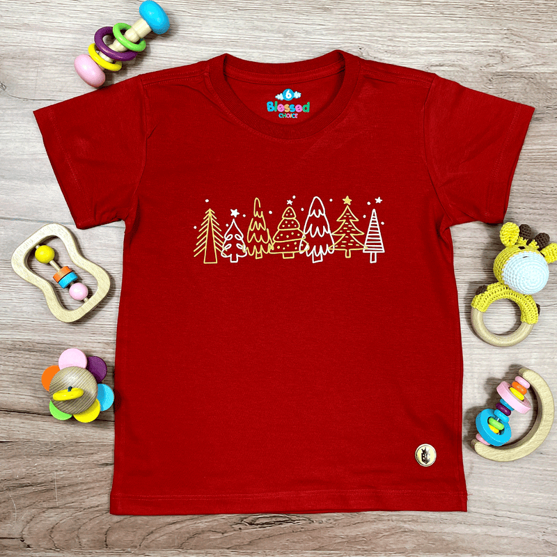 T-Shirt Infantil Vermelha Árvores Natal