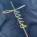 Camiseta Feminina Azul Aplique Cruz Jesus