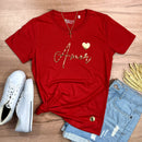 Camiseta Feminina Vermelha Amor Coração Dourado