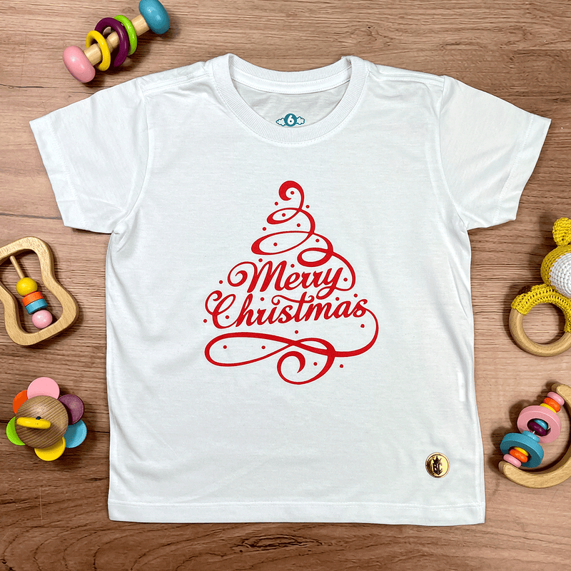 T-Shirt Infantil Branca Árvore Merry Christmas