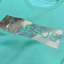Moletom Verde Menta Aplique Jesus Glitter Dourado