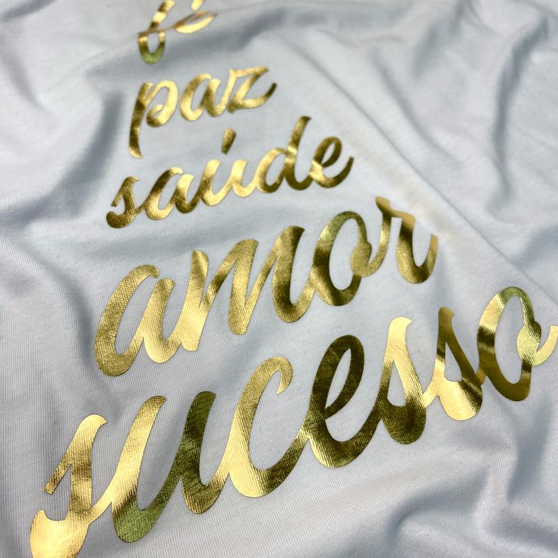 Camiseta Feminina Branca Árvore Fé Paz Dourado