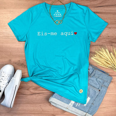 Camiseta Feminina Turquesa Eis-me Aqui