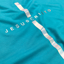Camiseta Feminina Turquesa Cruz Prata Jesus Cristo
