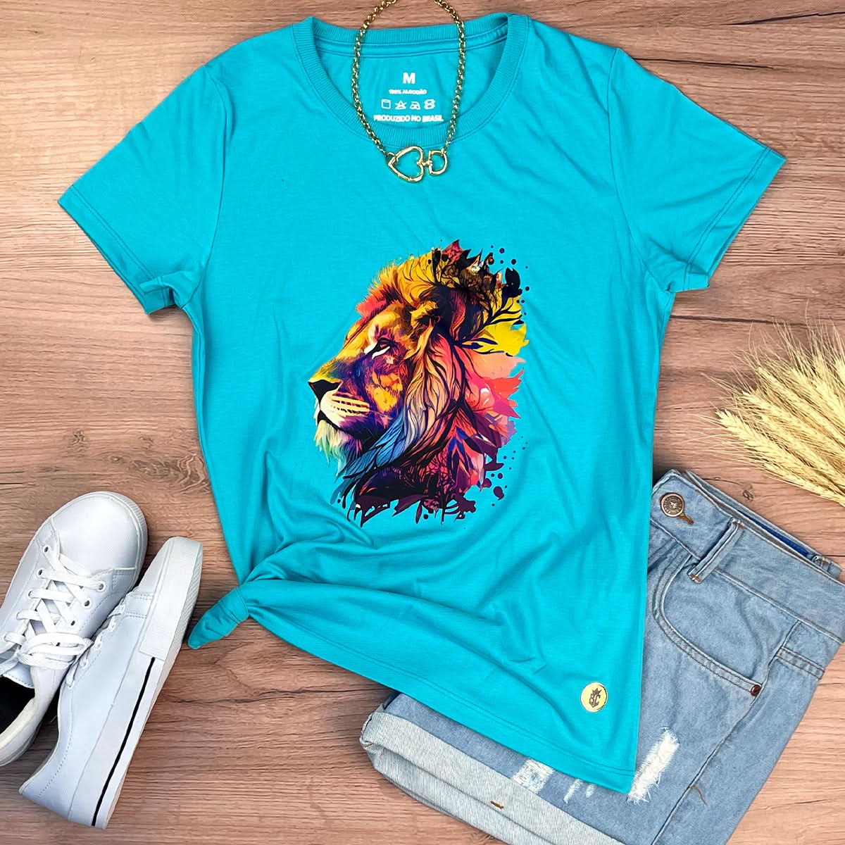 Camiseta Feminina Turquesa Leão