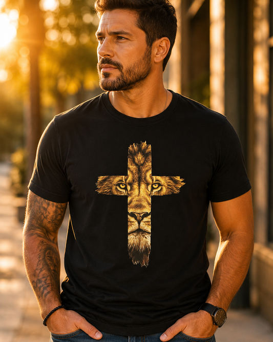Camiseta Masculina Preta Cruz Leão Dourado