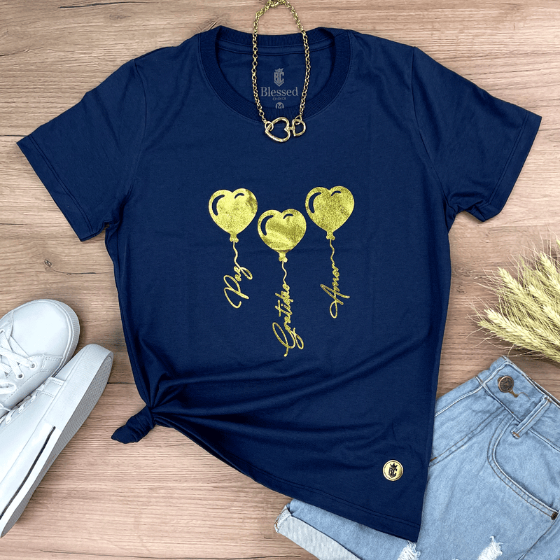 Camiseta Feminina Azul Coração Paz Amor Dourado