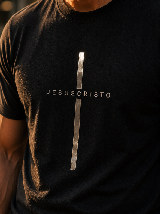 Camiseta Masculina Preta Cruz Prata Jesus Cristo