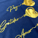 Camiseta Feminina Azul Coração Paz Amor Dourado