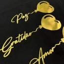 Camiseta Feminina Preta Coração Paz Amor Dourado