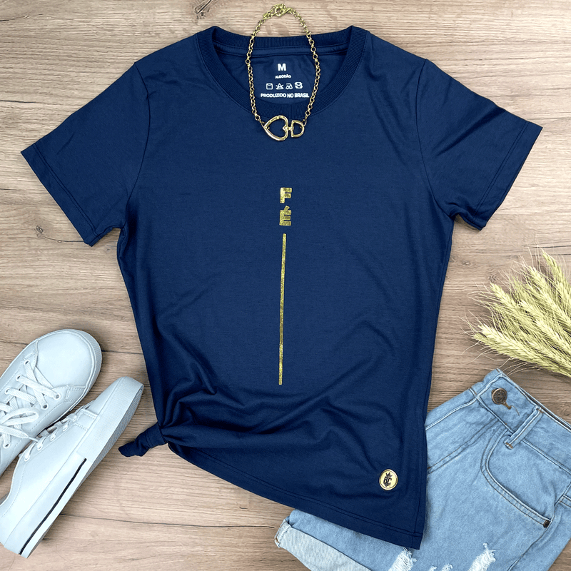 Camiseta Feminina Azul Fé Listra Dourado