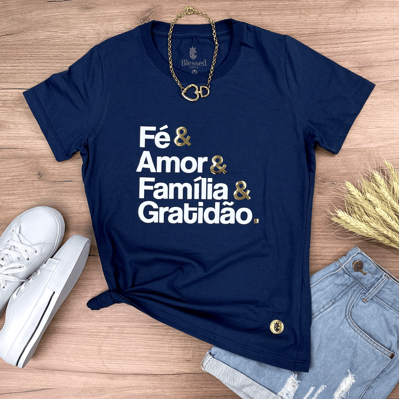 Camiseta Feminina Azul Fé & Amor Dourado
