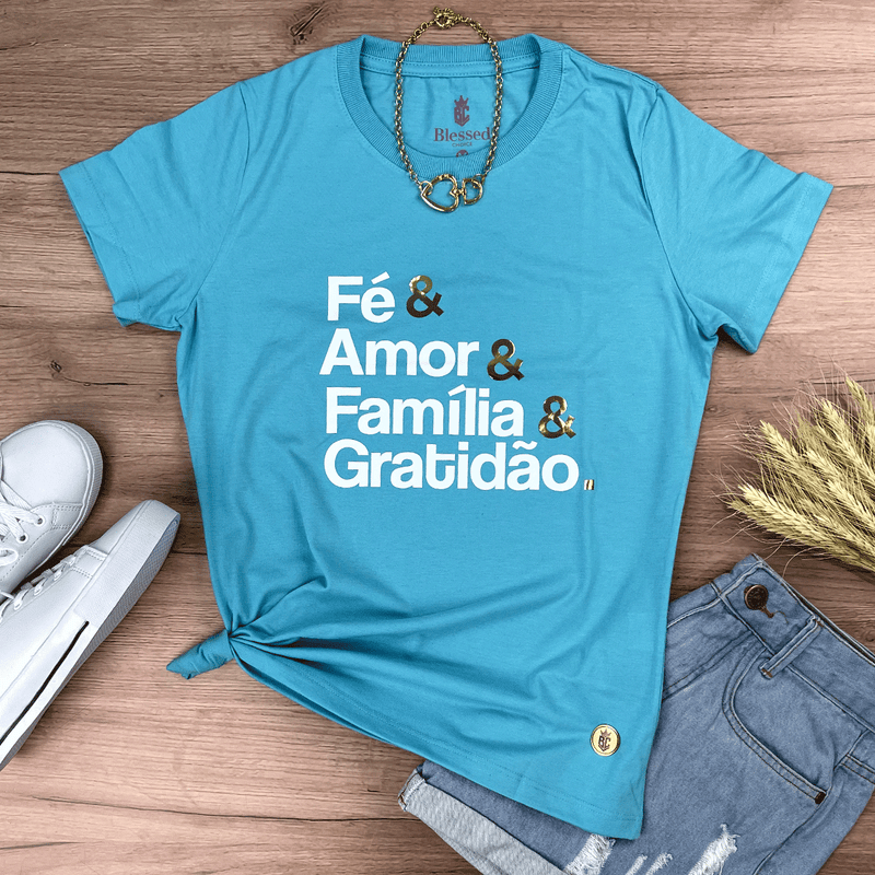 Camiseta Feminina Turquesa Fé & Amor Dourado