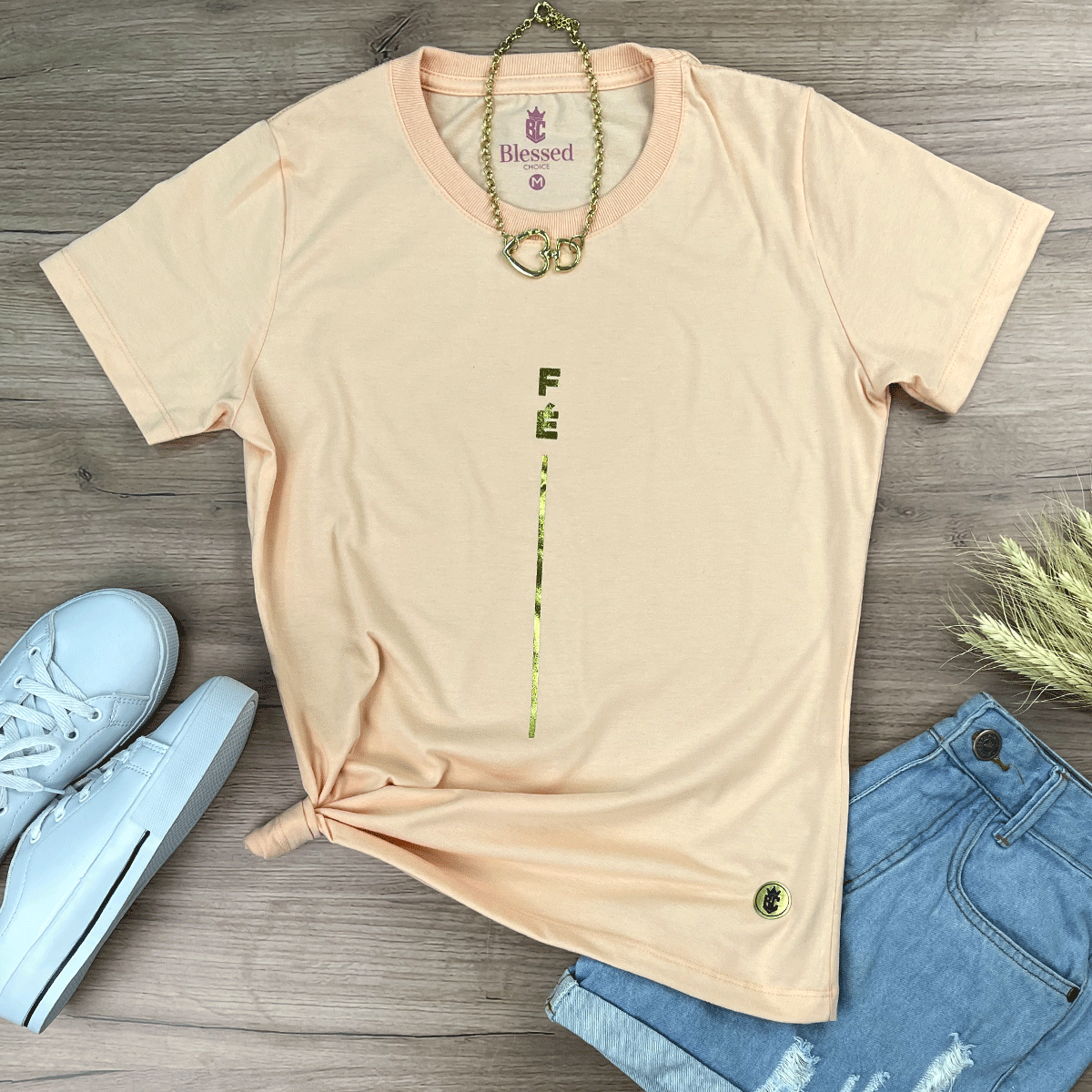 Camiseta Feminina Salmão Fé Listra Dourado
